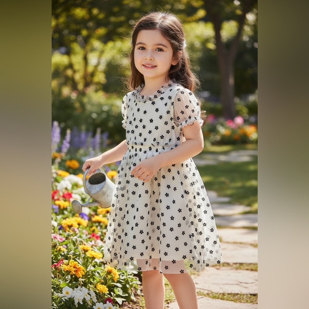 Little Lass Girls 2T Ivory Black Floral Flocked Tulle Party Dress